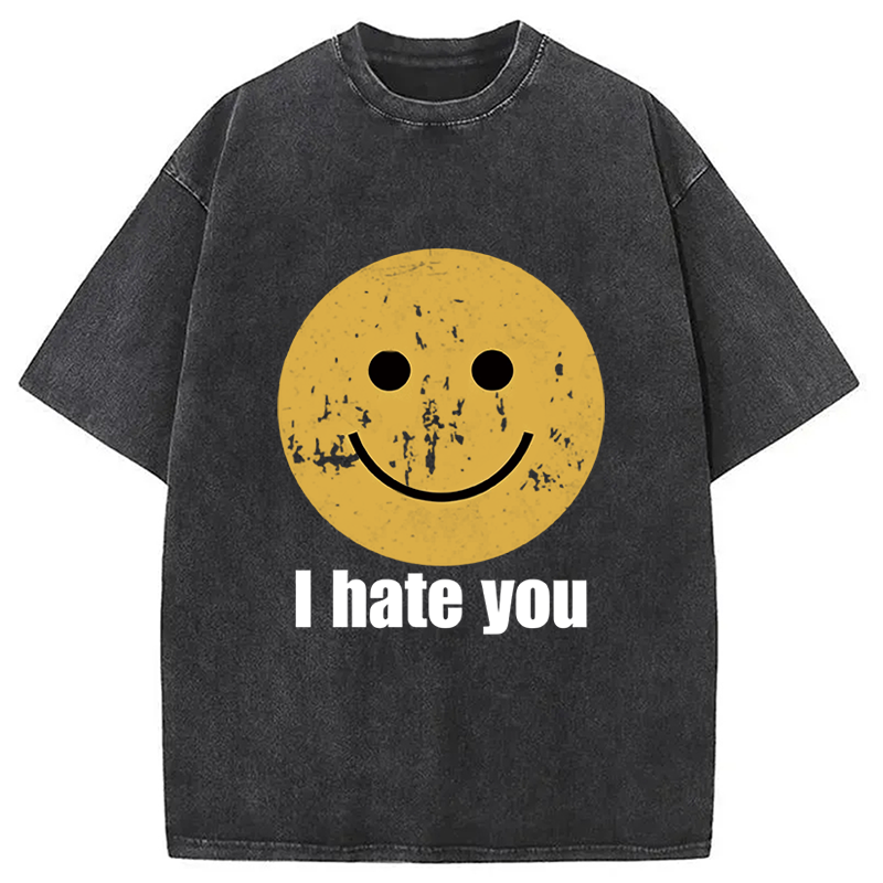 Modecanvas I Hate You Smiley Face Washed T-Shirt-modecanvas