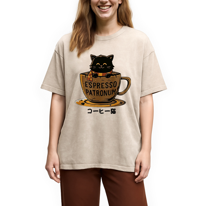 Modecanvas Cat In A Coffee Cup Washed T-Shirt