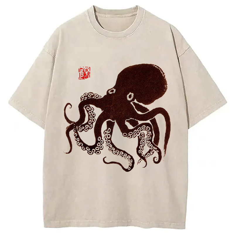 Modecanvas Octopus Japanese Art DTG Printing Washed T-Shirt
