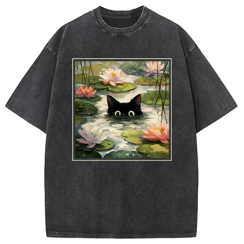 Modecanvas Black Cat and Lotus Flower Washed T-Shirt