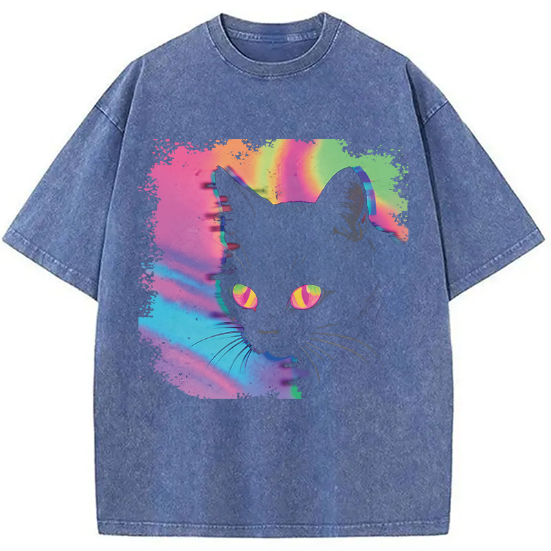 Modecanvas Psychedelic Weirdcore Cat DTG Printing Washed T-Shirt-modecanvas