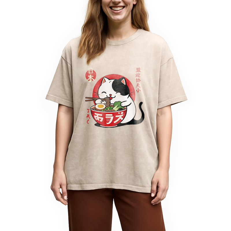 Modecanvas Japanese Ramen Cat DTG Printing Washed T-Shirt