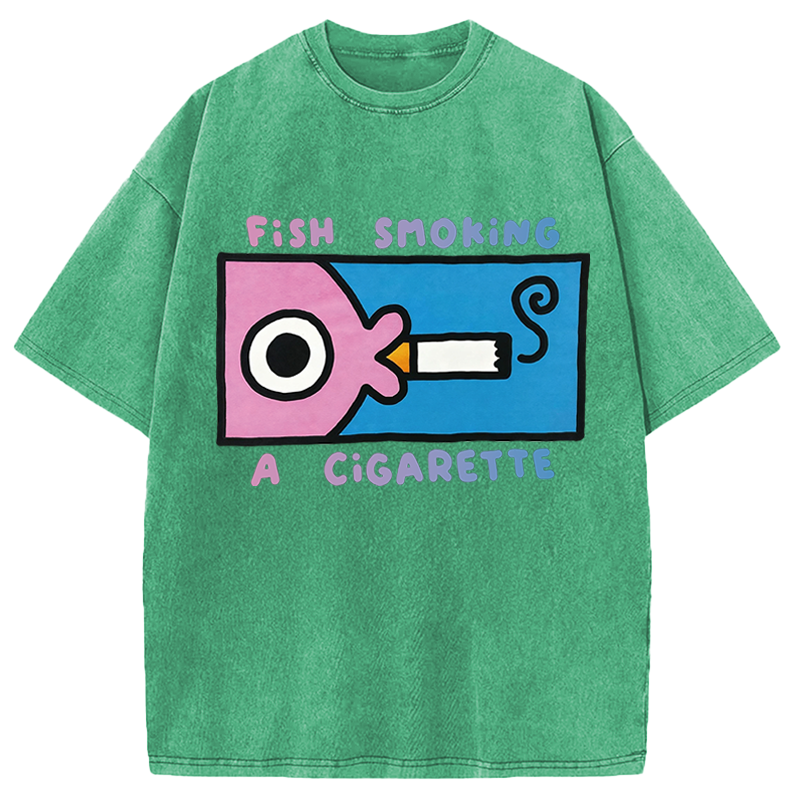 Modecanvas Fish Smoking A Cigarette DTG Printing Washed T-Shirt