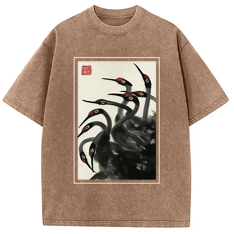 Modecanvas Retro Red Crowned Crane Washed T-Shirt