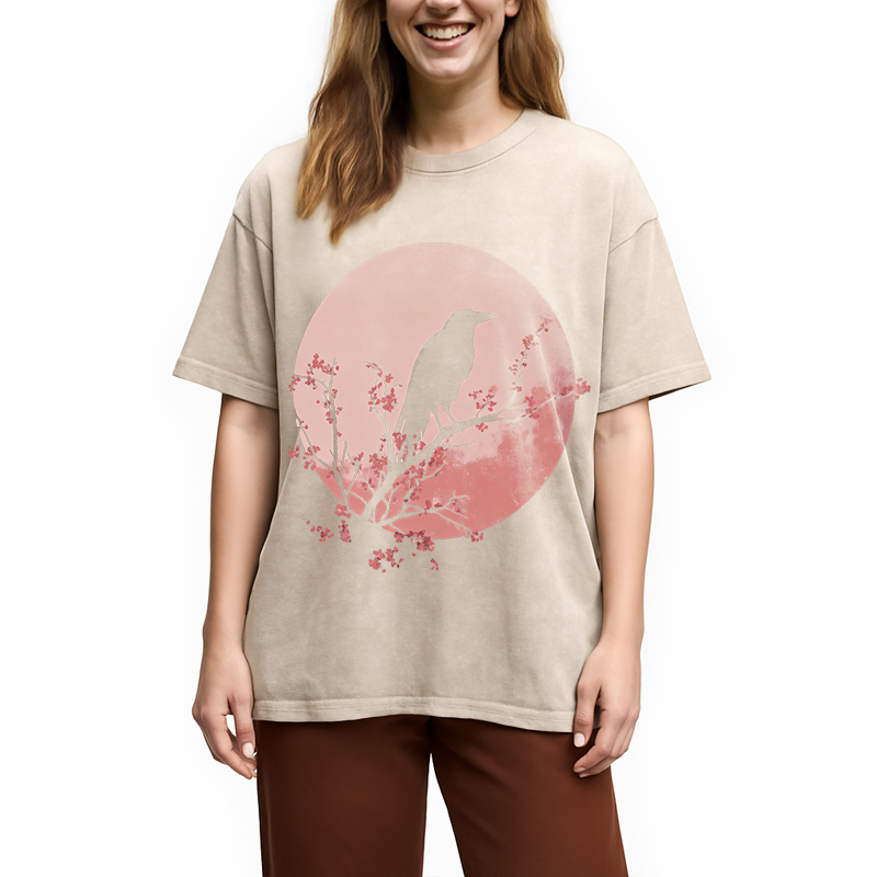 Modecanvas Crow Pink Moon DTG Printing Washed T-Shirt