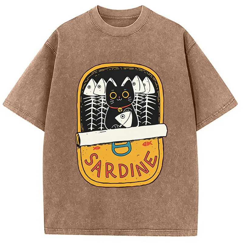 Modecanvas Sardine and Cat DTG Printing Washed T-Shirt