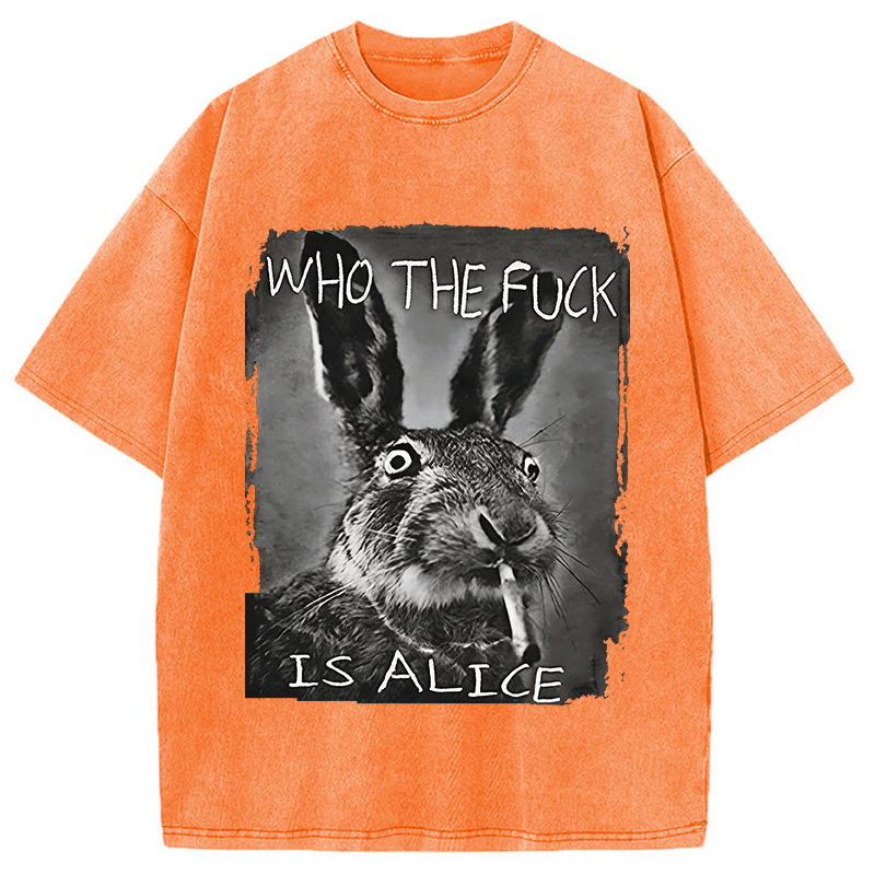 Modecanvas Who The F*ck Is Alice Rabbit Funny Washed T-Shirt-modecanvas