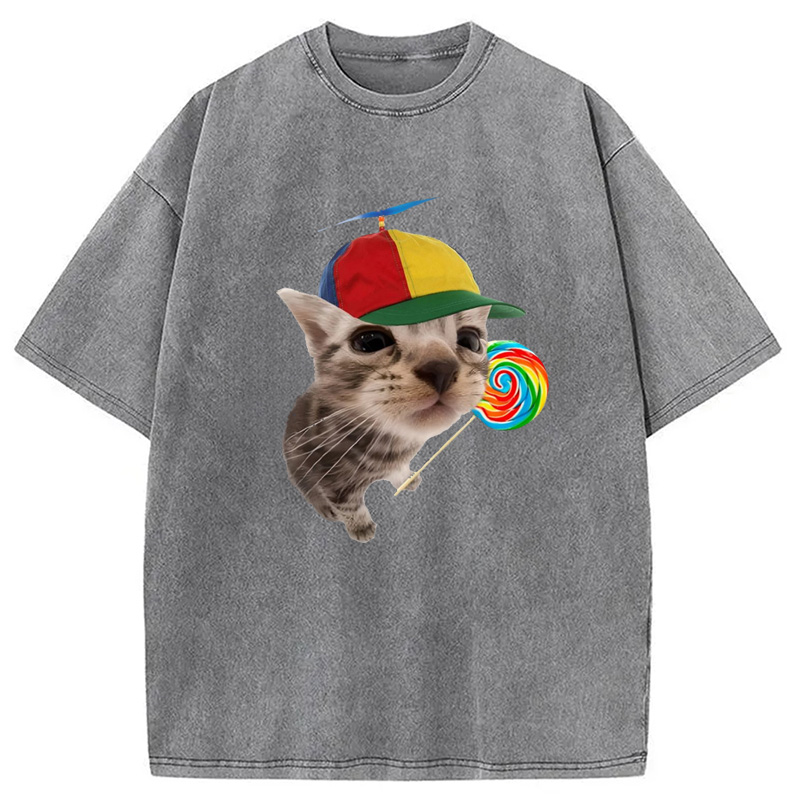 Modecanvas Cat With Lollipop And Hat Washed T-Shirt-modecanvas