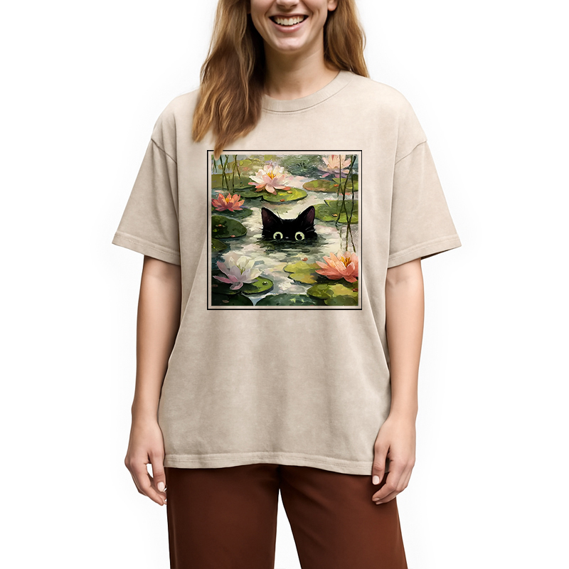 Modecanvas Black Cat and Lotus Flower Washed T-Shirt
