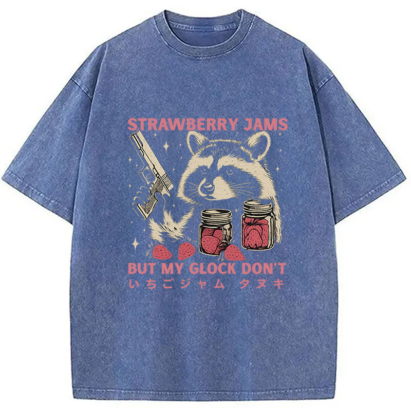 Modecanvas Strawberry Jams Funny Raccoon Washed T-Shirt For Sale