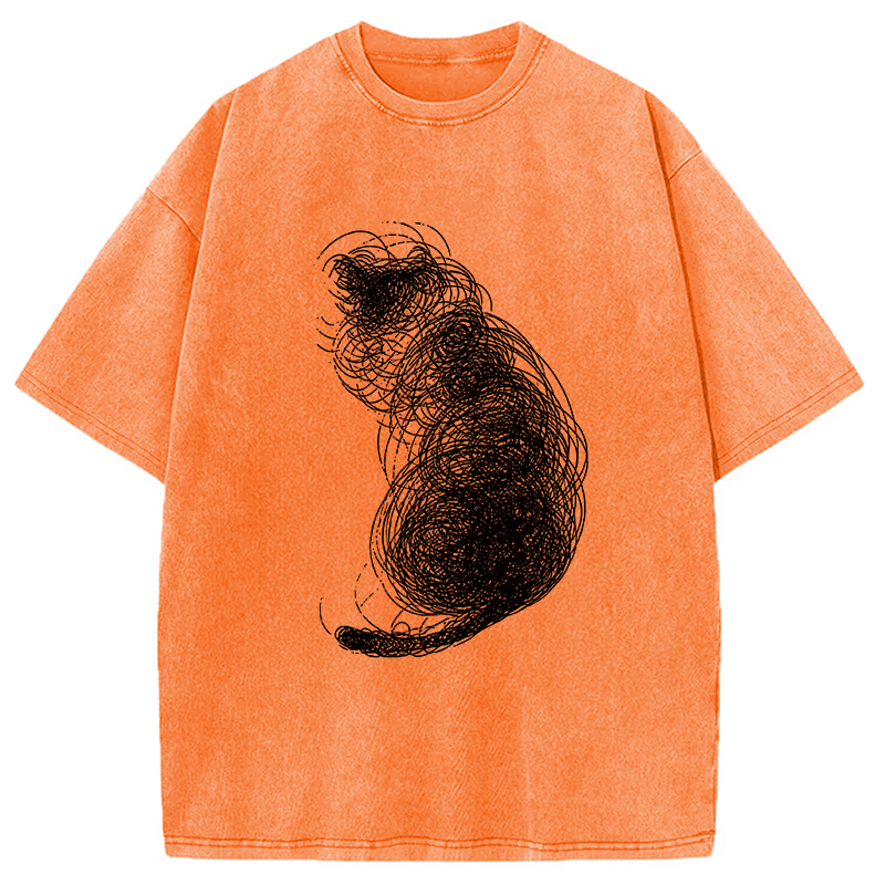 Modecanvas Chaotic Line Art Of A Curled Cat DTG Printing Washed T-Shirt