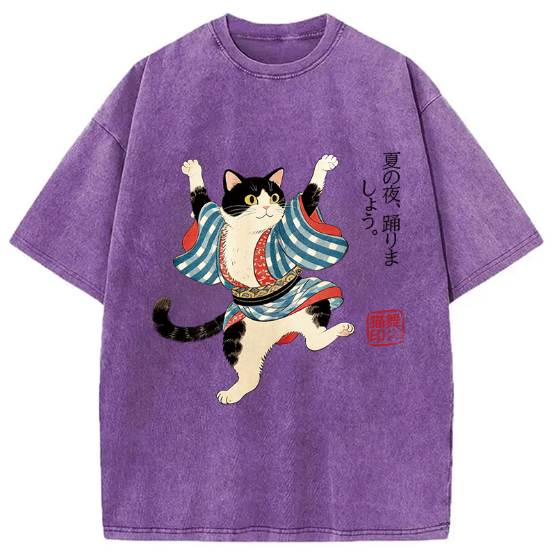 Modecanvas Bon Odori Dancing Cat DTG Printing Washed T-Shirt-modecanvas