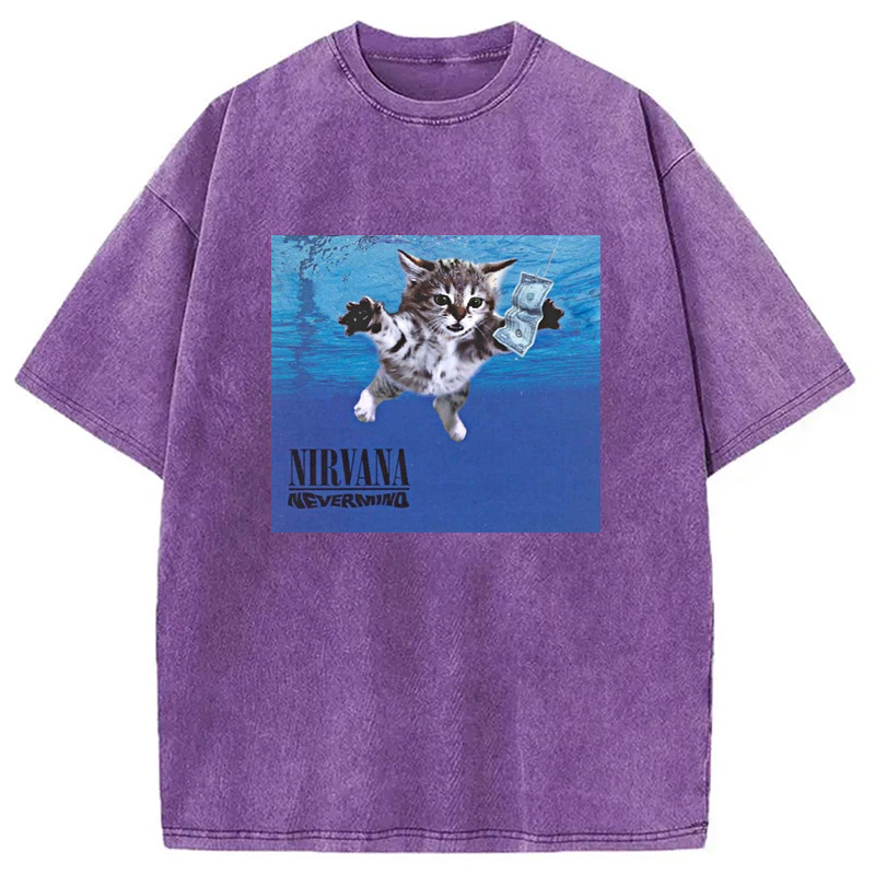 Modecanvas Nirvana Band Cat Washed T-Shirt-modecanvas