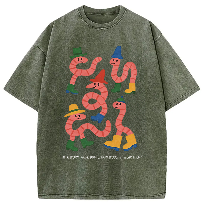 Modecanvas Whimsical Worms In Boots DTG Printing Washed T-Shirt