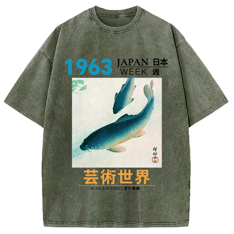 Modecanvas Blue Koi Fish DTG Printing Washed T-Shirt