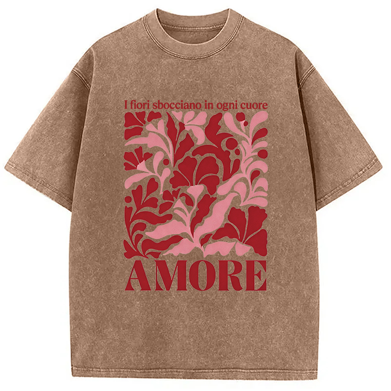 Modecanvas Red Floral Amore DTG Printing Washed T-Shirt-modecanvas