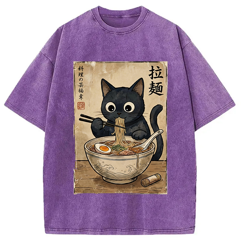 Modecanvas Kawaii Ramen Cat Retro DTG Printing Washed T-Shirt