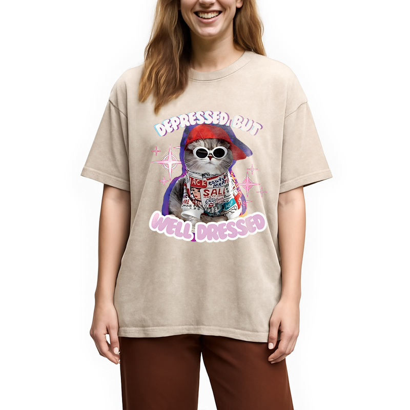 Modecanvas Depressed But Well Dressed DTG Printing Washed T-Shirt