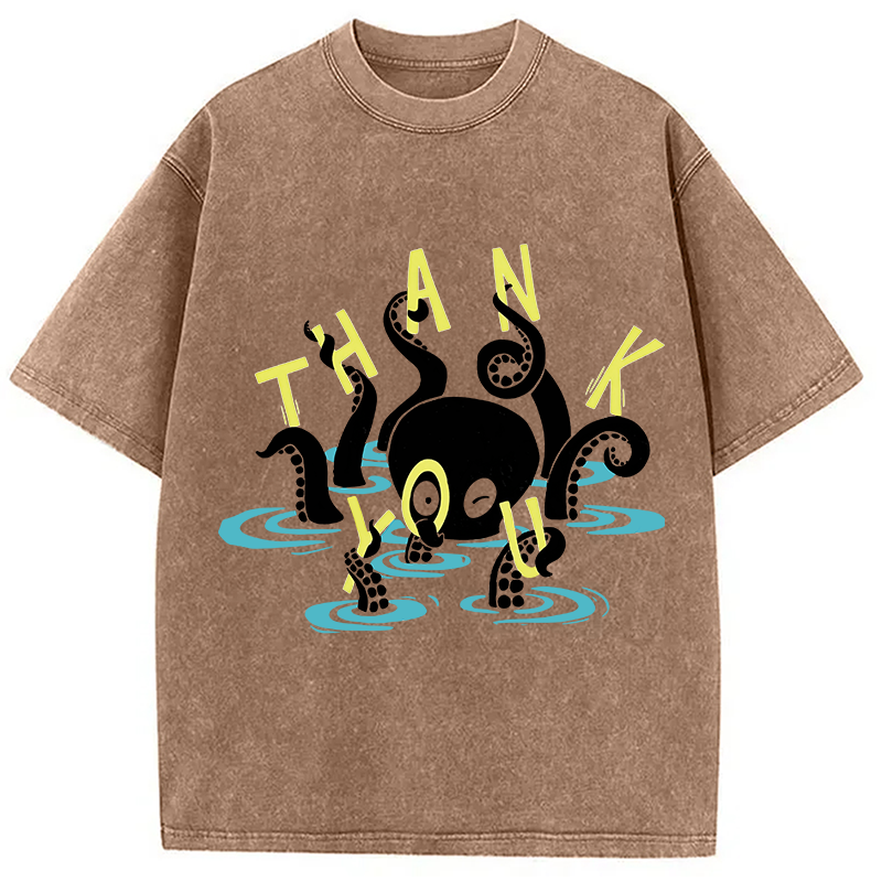 Modecanvas Octopus In Water Thank You DTG Printing Washed T-Shirt