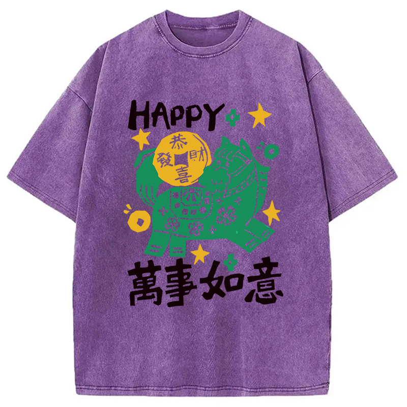 Modecanvas Happy Horse Best Wishes DTG Printing Washed T-Shirt-modecanvas