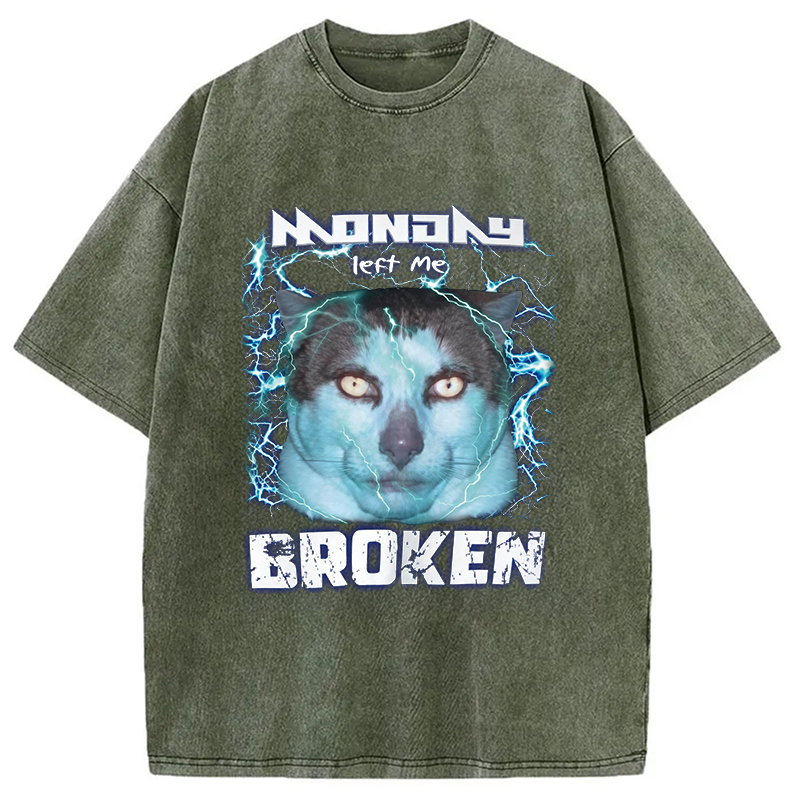 Modecanvas Monday Left Me Broken Cat DTG Printing Washed T-Shirt