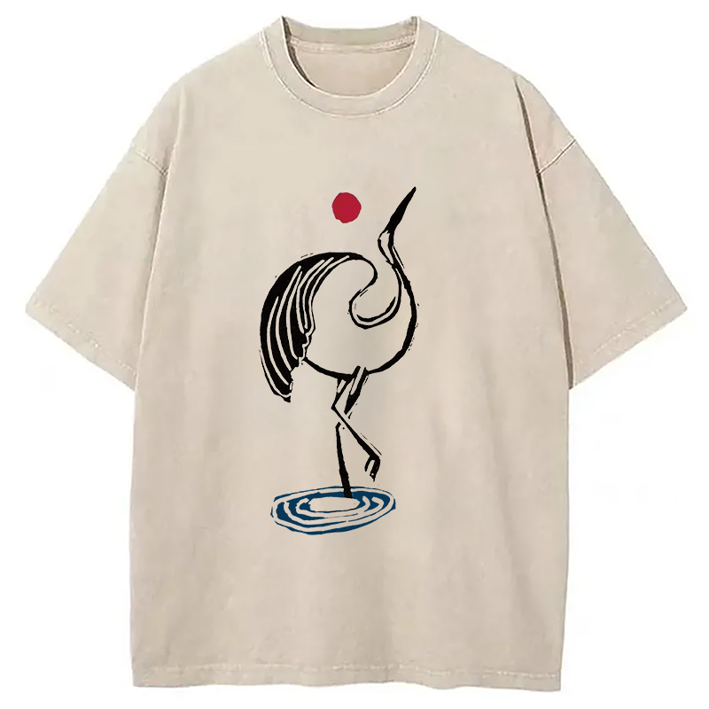 Modecanvas Japanese Crane Linocut DTG Printing Washed T-Shirt-modecanvas