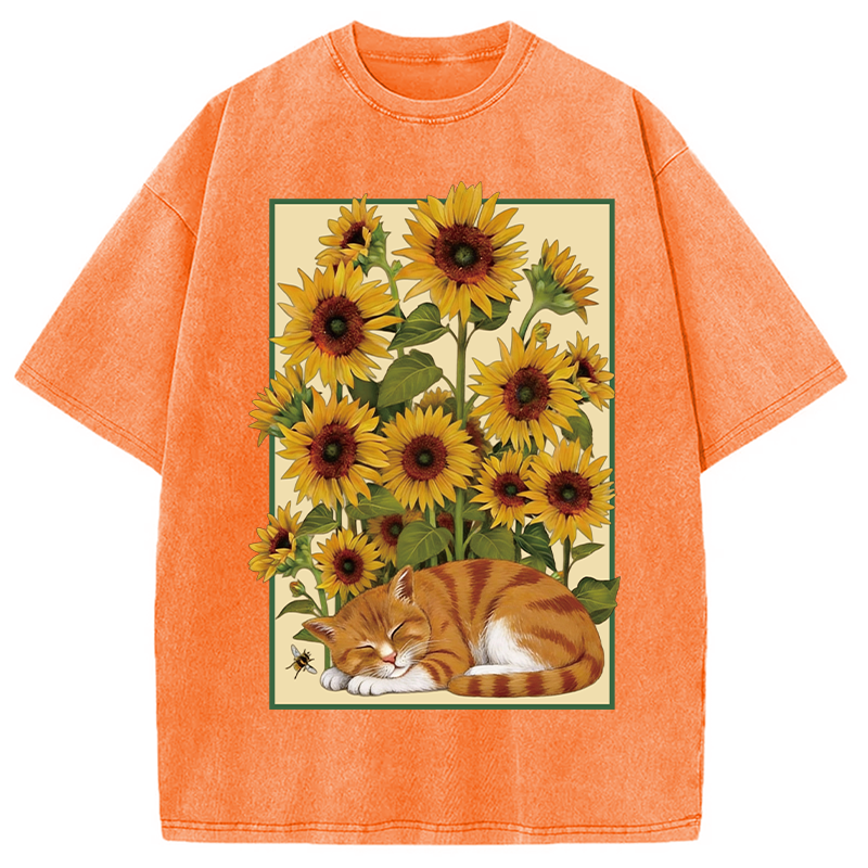 Modecanvas Sunflower Orange Cat Washed T-Shirt-modecanvas