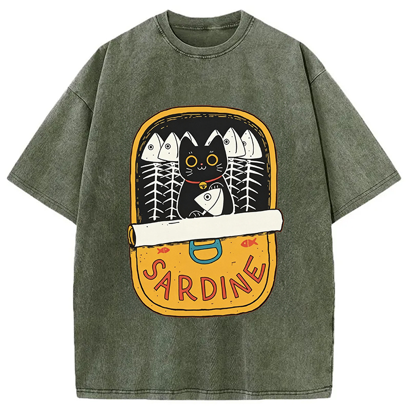 Modecanvas Sardine and Cat DTG Printing Washed T-Shirt