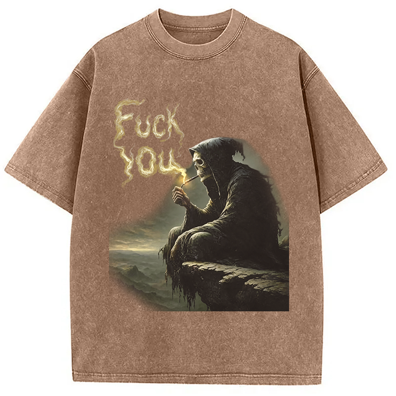 Modecanvas Grim Reaper Fu*k You DTG Printing Washed T-Shirt-modecanvas