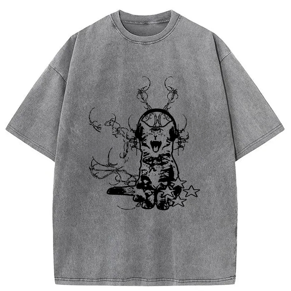 Modecanvas Funny Music Cat Washed T-Shirt