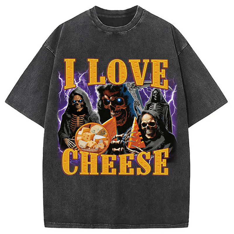 Modecanvas I Love Cheese Funny Skeleton Meme DTG Printing Washed T-Shirt