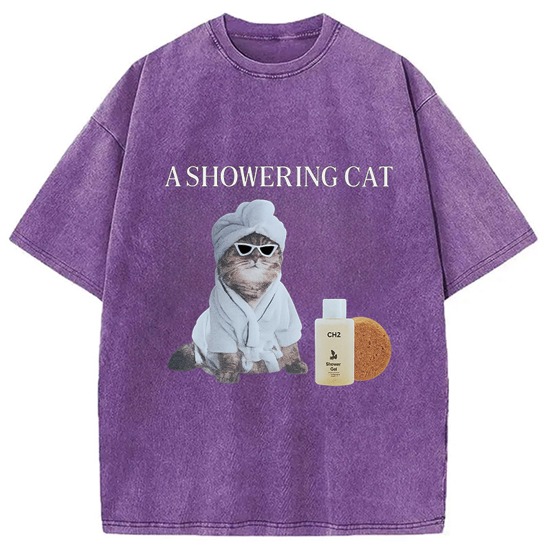 Modecanvas A Showering Cat Washed T-Shirt