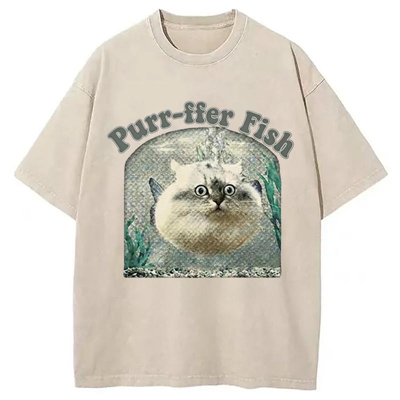 Modecanvas Purr-ffer Fish Cat DTG Printing Washed T-Shirt