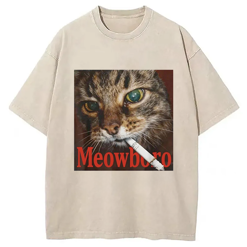 Modecanvas Funny Smoking Cat Meme Washed T-Shirt-modecanvas