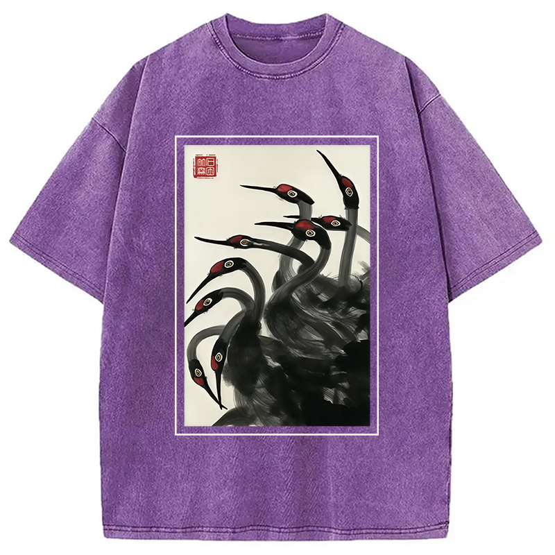 Modecanvas Retro Red Crowned Crane Washed T-Shirt