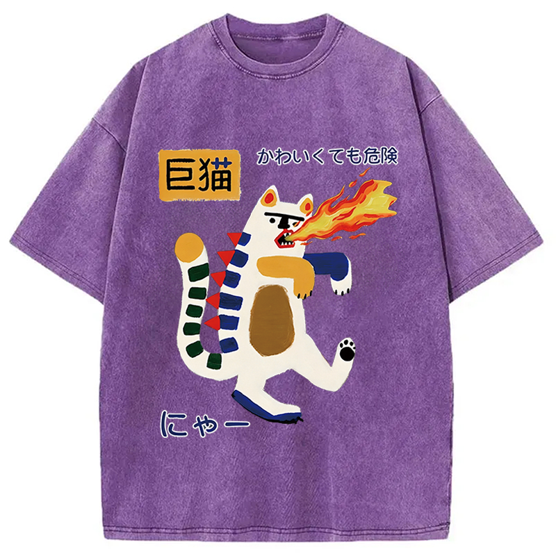 Modecanvas Fire-breathing Giant Cat DTG Printing Washed T-Shirt
