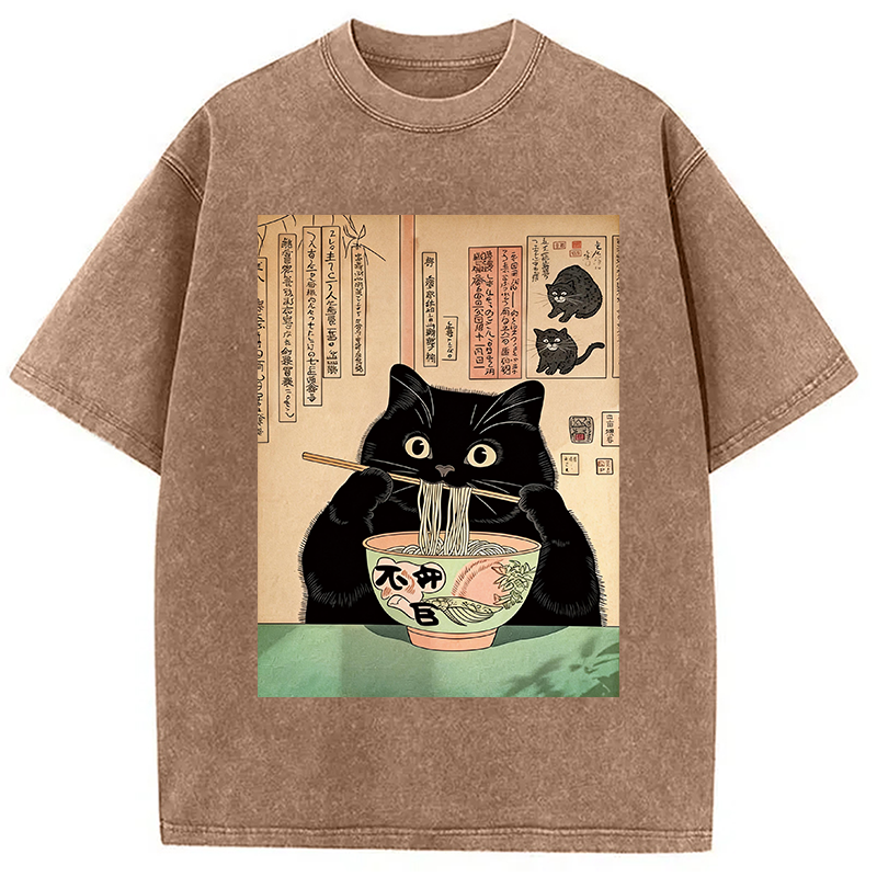 Modecanvas Black Cat Eating Noodles Washed T-Shirt