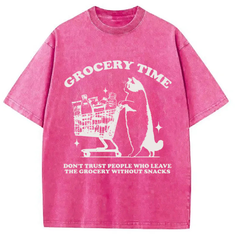 Modecanvas Grocery Time Funny Cat DTG Printing Washed T-Shirt