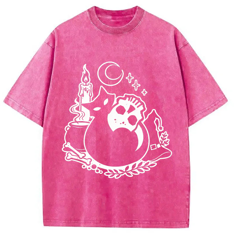 Modecanvas Black Cat Holding Skull DTG Printing Washed T-Shirt
