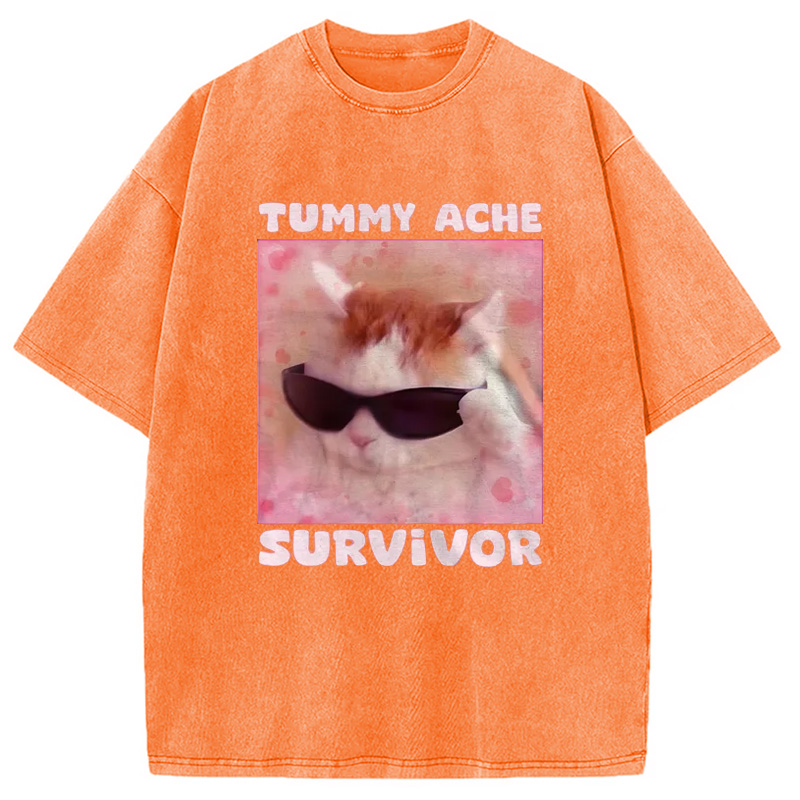 Modecanvas Tummy Ache Survivor Funny Cat Meme Washed T-Shirt-modecanvas