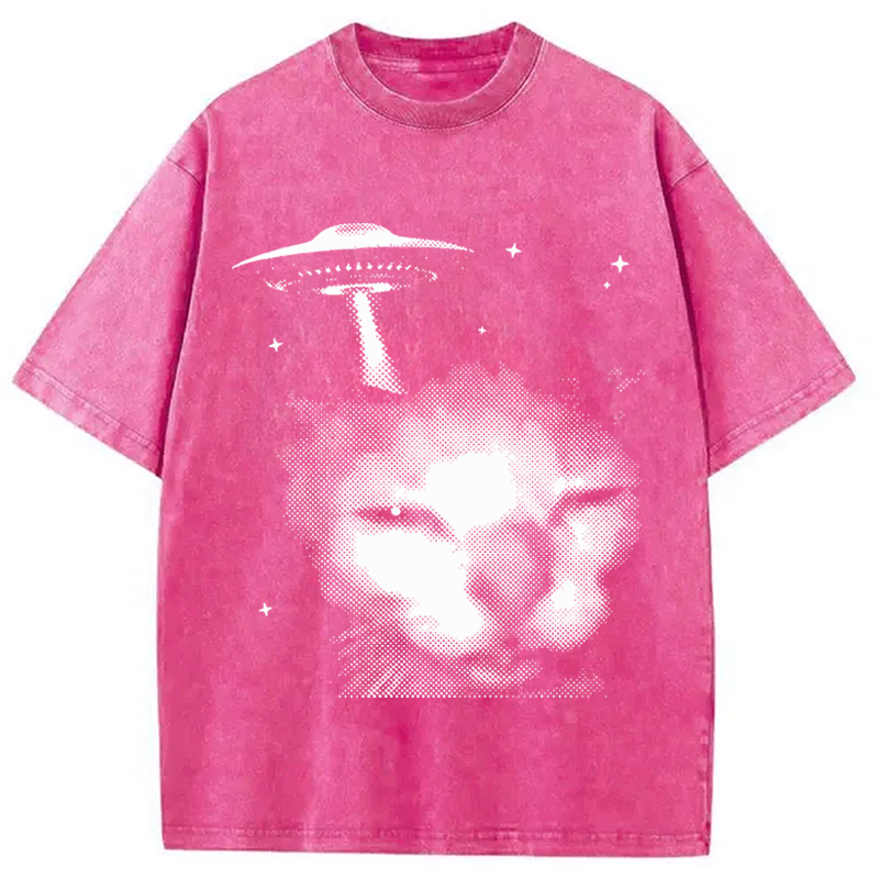 Modecanvas Alien Cat Meme UFO Vintage DTG Printing Washed T-Shirt
