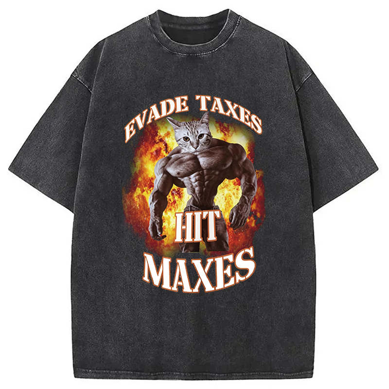 Modecanvas Evade Taxes Hit Maxes Cat Gym Meme DTG Printing Washed T-Shirt
