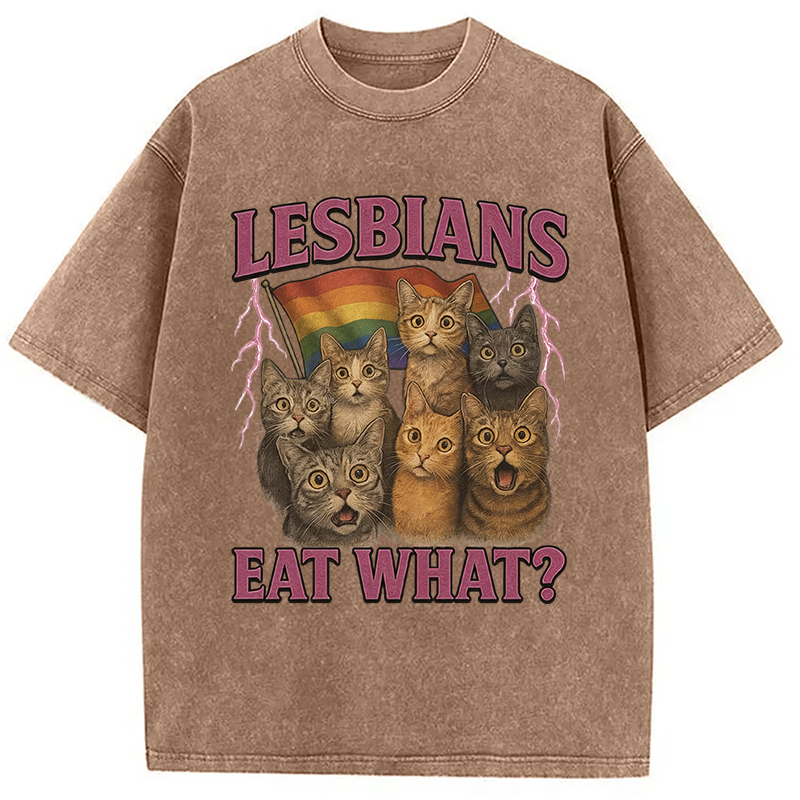 Modecanvas Lesbians Eat What?! Funny Lesbian Pride Meme DTG Printing Washed T-Shirt