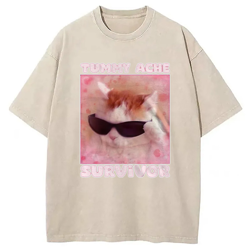Modecanvas Tummy Ache Survivor Funny Cat Meme Washed T-Shirt-modecanvas