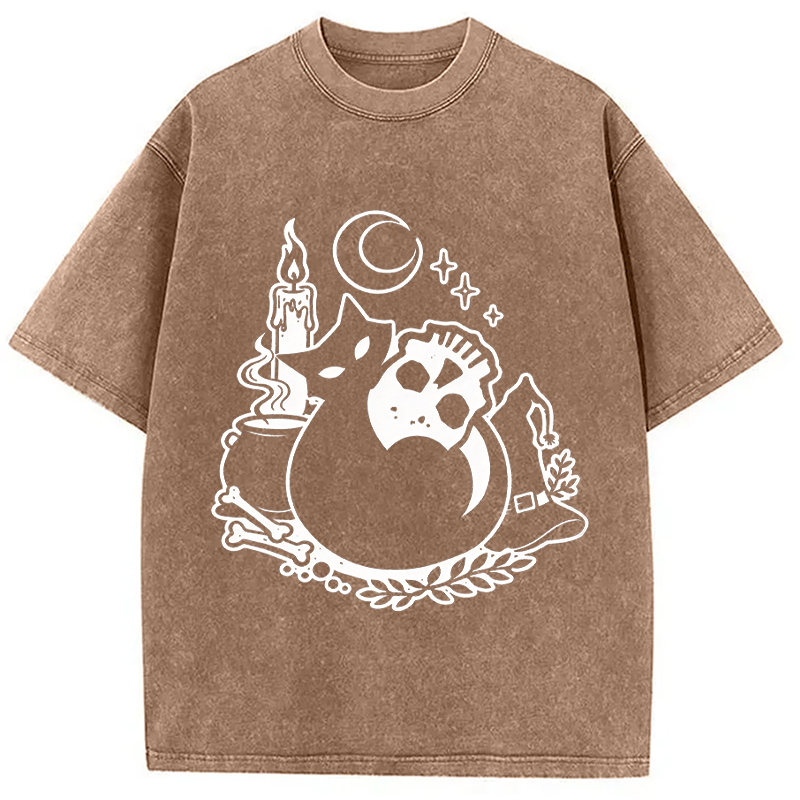 Modecanvas Black Cat Holding Skull DTG Printing Washed T-Shirt