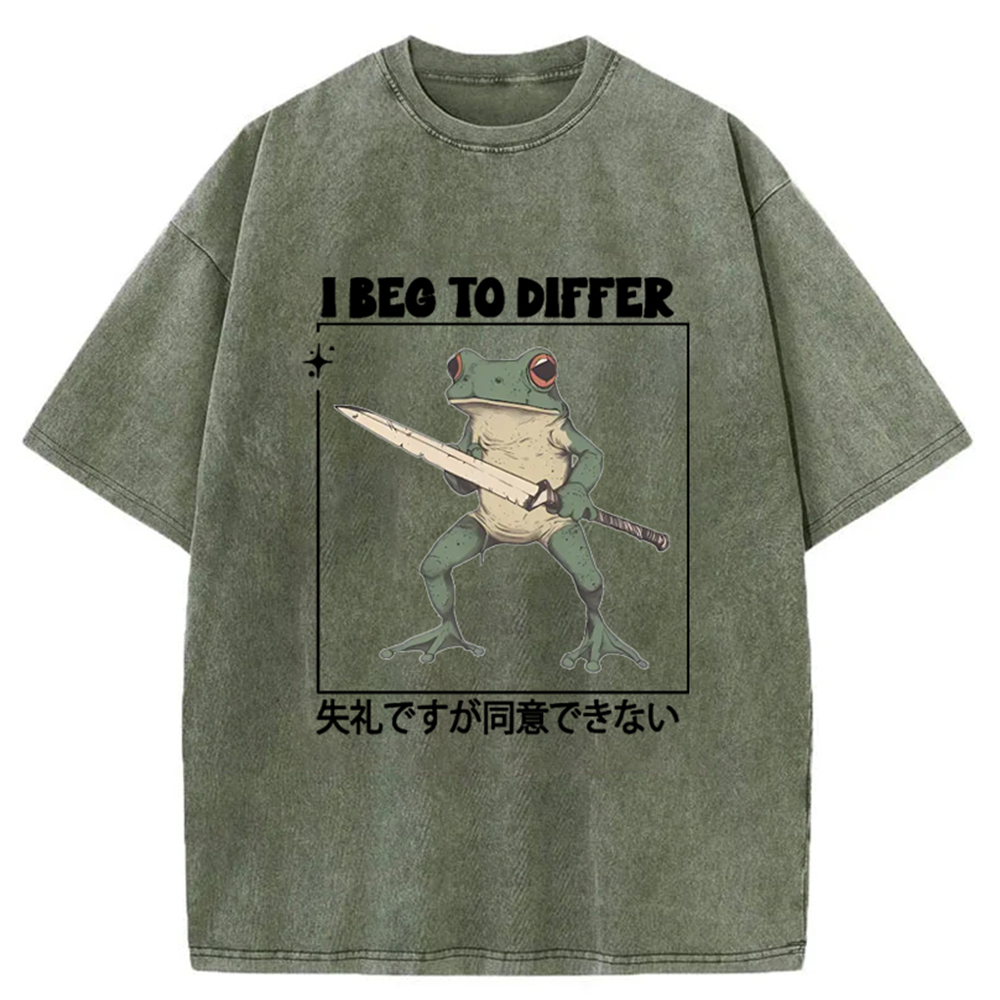 Modecanvas Funny Frog Graphic I Beg To Differ Frog Japanese Washed T-Shirt