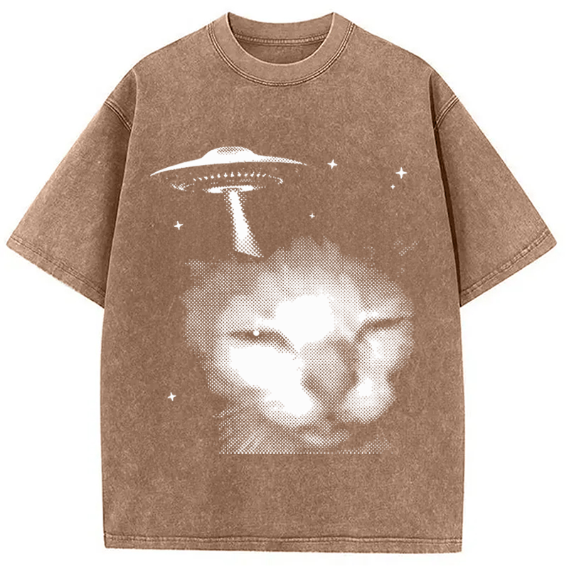 Modecanvas Alien Cat Meme UFO Vintage DTG Printing Washed T-Shirt