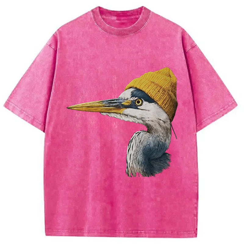 Modecanvas Blue Heron Wearing Beanie DTG Printing Washed T-Shirt