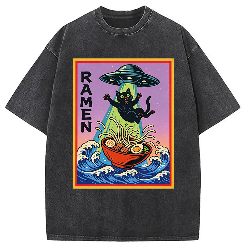 Modecanvas UFO Catching the Ramen Black Cat DTG Printing Washed T-Shirt