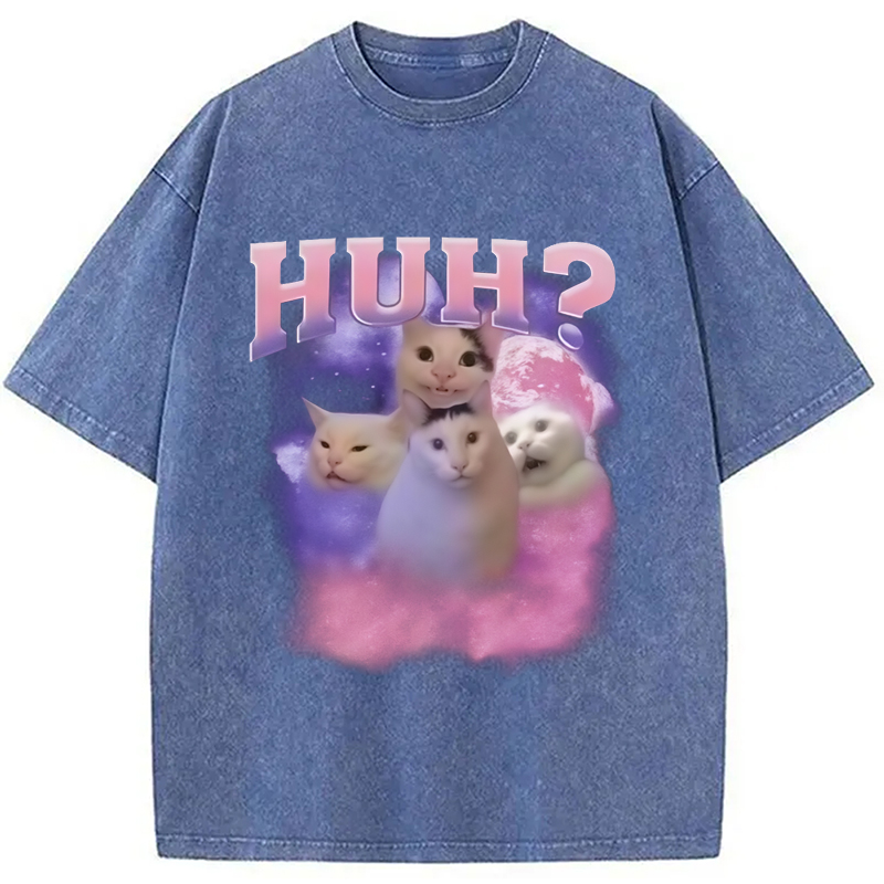 Modecanvas Pink Funny Meme Huh Cat Washed T-Shirt-modecanvas